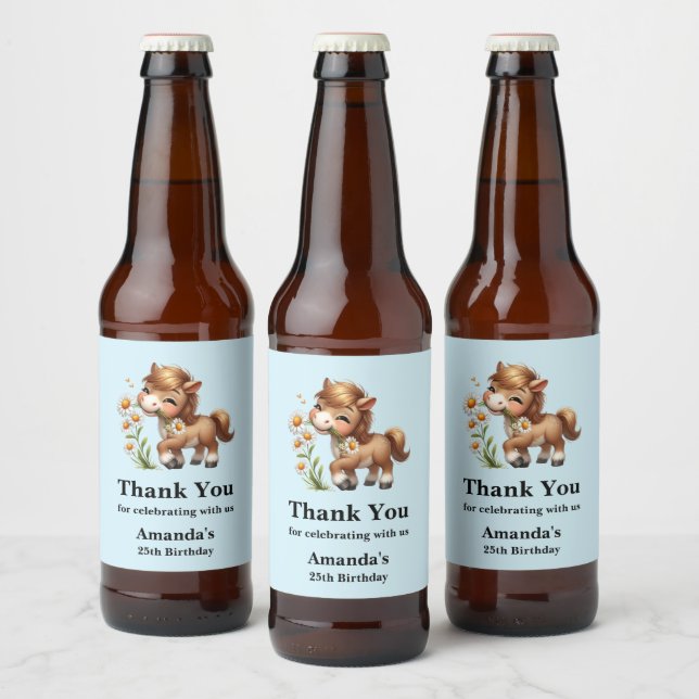 Cute Pony Eating Daisies Birthday Beer Bottle Label (Bottles)