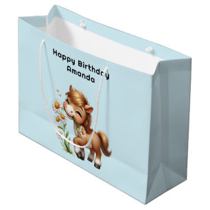 Cute Pony Eating Daisies Birthday Large Gift Bag