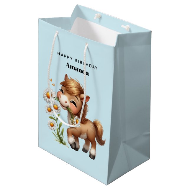 Cute Pony Eating Daisies Birthday Medium Gift Bag (Front Angled)
