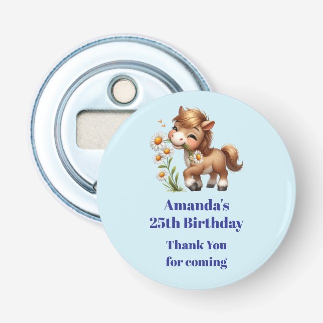 Cute Pony Eating Daisies Birthday Thank You Bottle Opener (Front)
