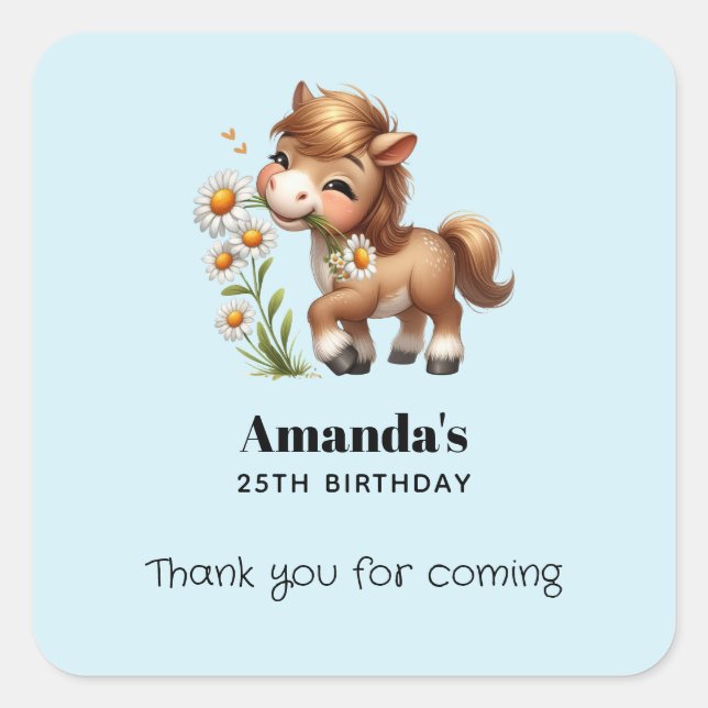 Cute Pony Eating Daisies Birthday Thank You Square Sticker (Front)