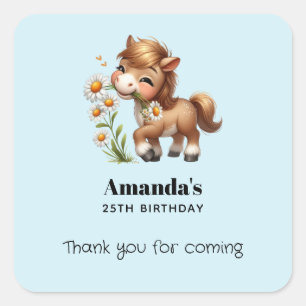 Cute Pony Eating Daisies Birthday Thank You Square Sticker
