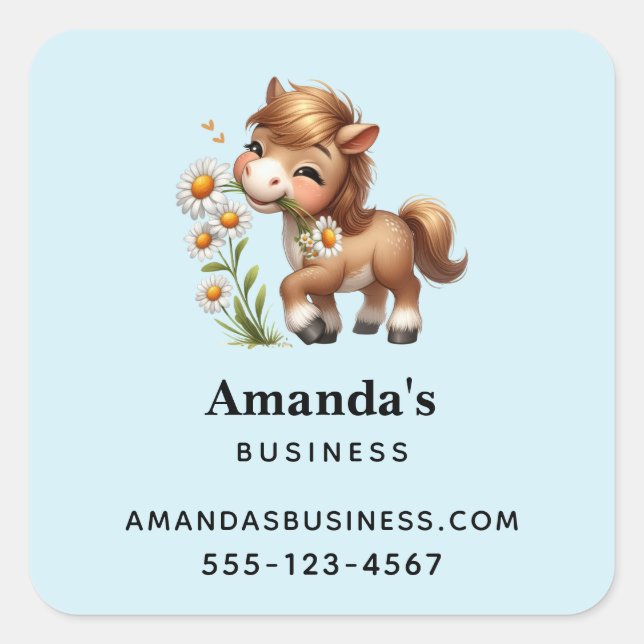 Cute Pony Eating Daisies Business Square Sticker (Front)