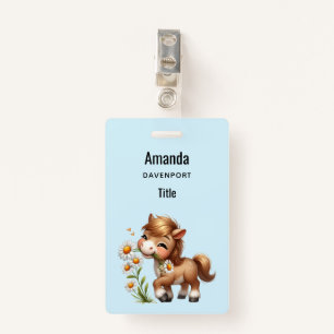 Cute Pony Eating Daisies ID Badge
