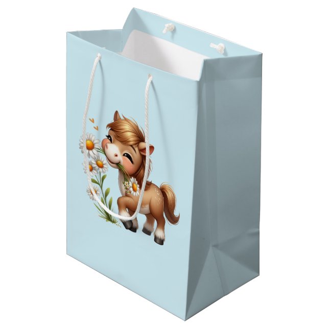 Cute Pony Eating Daisies Medium Gift Bag (Front Angled)