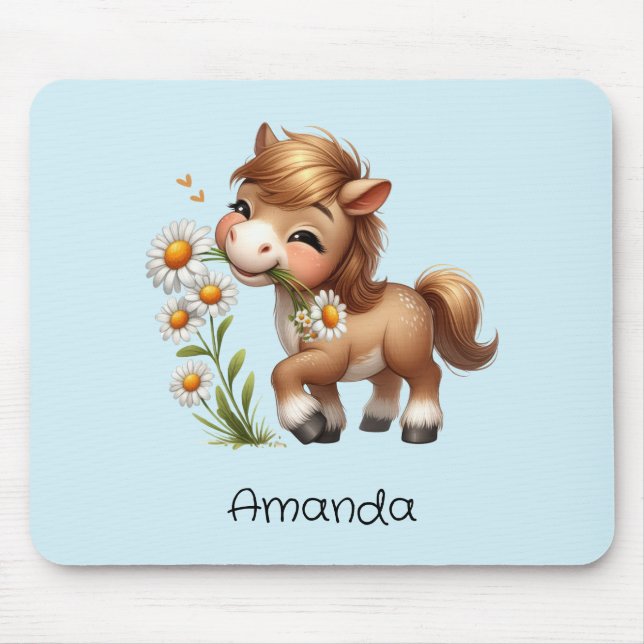Cute Pony Eating Daisies Mouse Mat (Front)