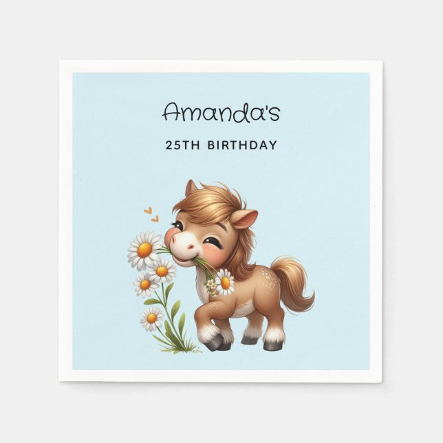 Cute Pony Eating Daisies Party Napkin (Front)