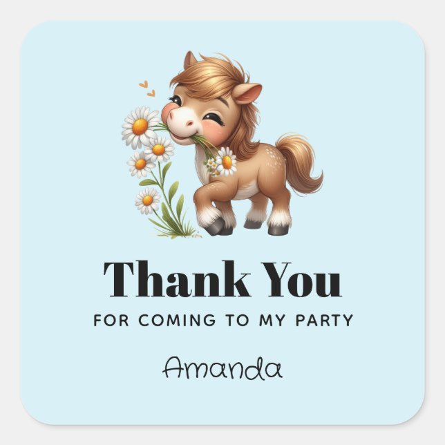 Cute Pony Eating Daisies Party Thank You Square Sticker (Front)