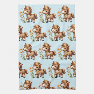 Cute Pony Eating Daisies Pattern Tea Towel