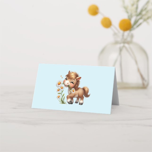 Cute Pony Eating Daisies Place Card (Front)