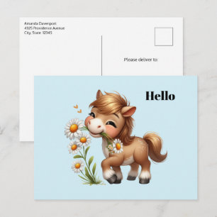 Cute Pony Eating Daisies Postcard
