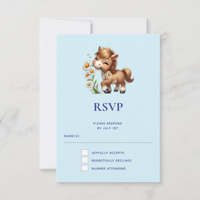 Cute Pony Eating Daisies RSVP Card (Front)