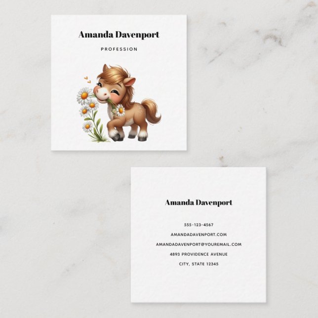 Cute Pony Eating Daisies Square Business Card (Front/Back)