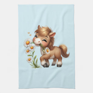 Cute Pony Eating Daisies Tea Towel