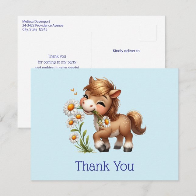Cute Pony Eating Daisies Thank You Postcard (Front/Back)