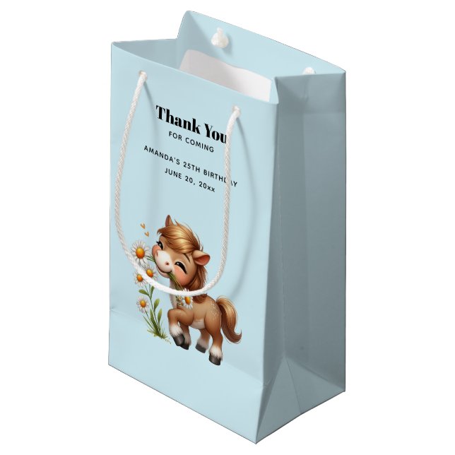 Cute Pony Eating Daisies Thank You Small Gift Bag (Front Angled)