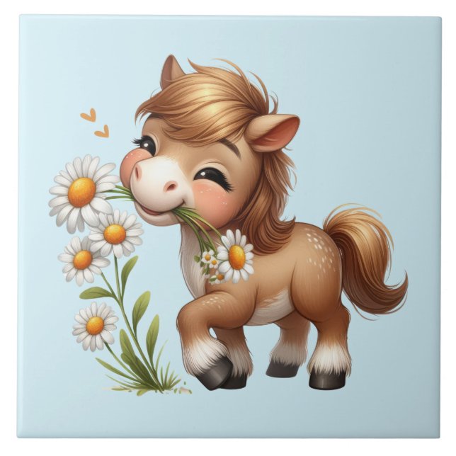 Cute Pony Eating Daisies Tile (Front)