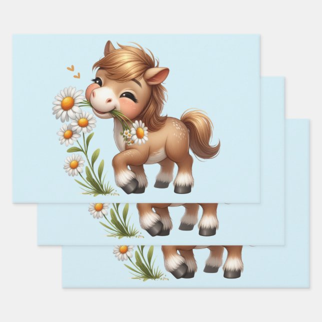 Cute Pony Eating Daisies Wrapping Paper Sheet (Set)