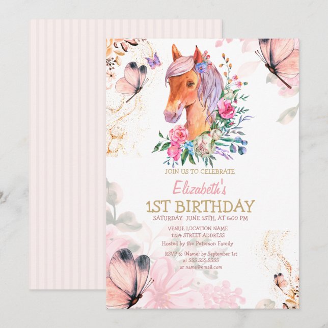 Cute Pony Flowers Butterflies Birthday Invitation (Front/Back)