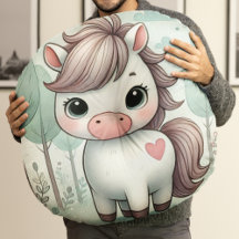 Cute Pony in a Whimsical Forest Round Pillow
