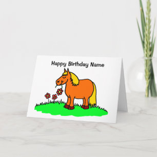 Cute Pony Munching Flower Cartoon Birthday Card