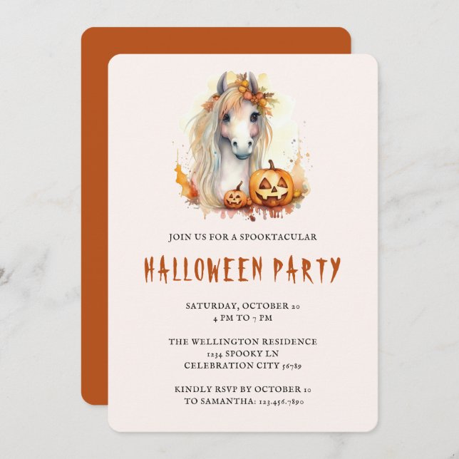 Cute Pony Orange Pumpkin Family Halloween Party Invitation (Front/Back)