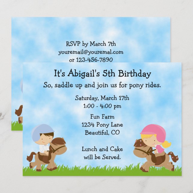 Cute Pony Party Girls and Boys Horse Birthday Invitation (Front/Back)