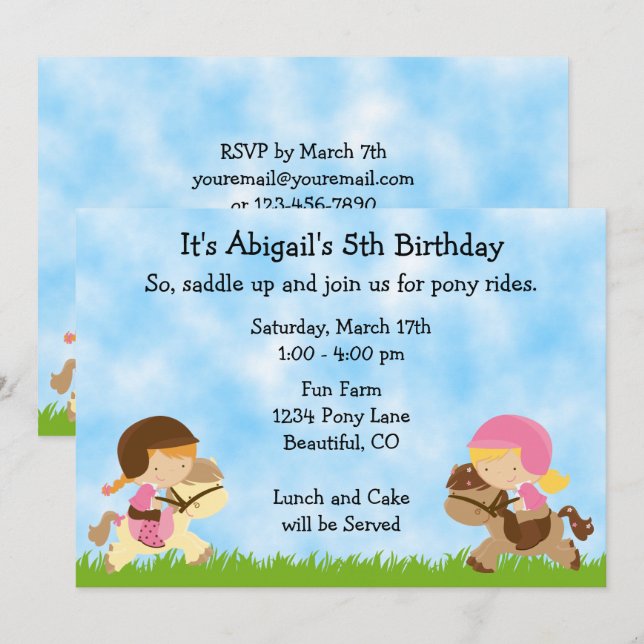 Cute Pony Party Girls Riding Horses Birthday Invitation (Front/Back)