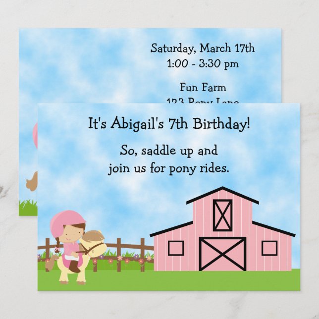Cute Pony Rides and Pink Barn Horse Birthday Invitation (Front/Back)