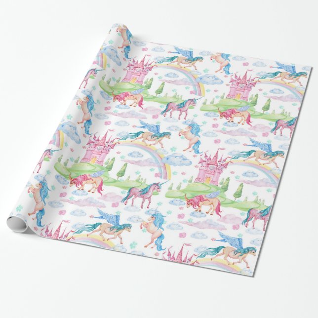 Cute Pony Unicorns Watercolor Paper Pattern (Unrolled)