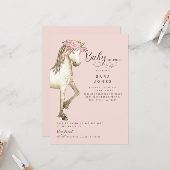Cute Pony Watercolor Pink Baby Shower II Invitation (Front/Back In Situ)