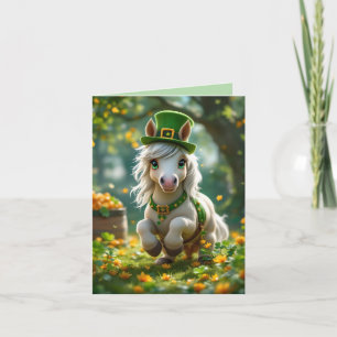 Cute Pony with green hat, bridle and Flowers Holiday Card