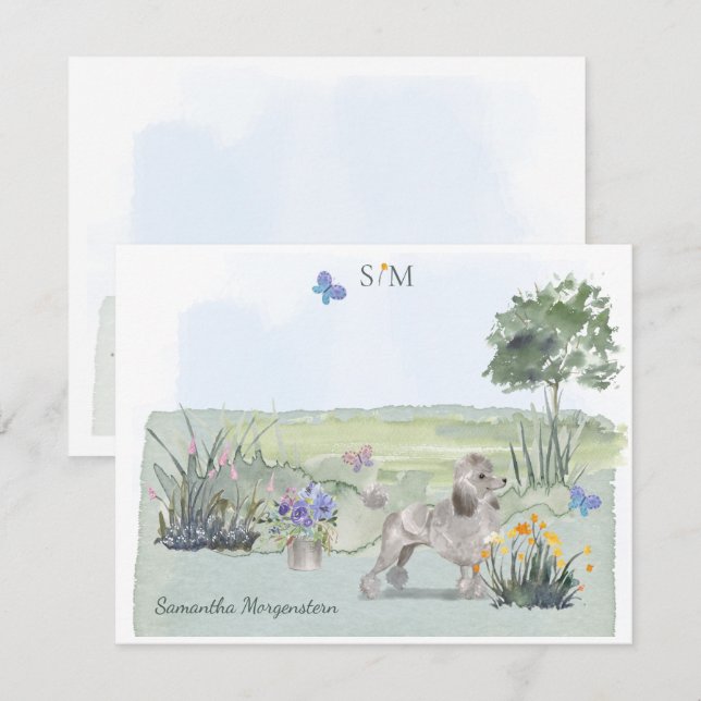 Cute Poodle Butterfly Meadow  Monogram & Name     Card (Front/Back)