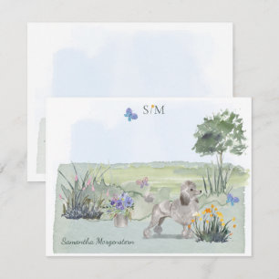 Cute Poodle Butterfly Meadow  Monogram & Name     Card