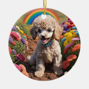 Cute Poodle Colourful flower and rainbow Ceramic Tree Decoration