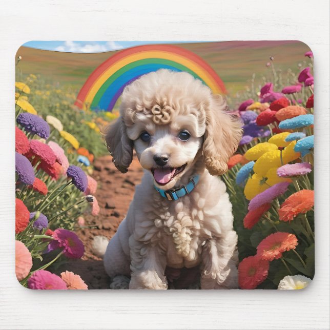 Cute Poodle Colourful flower and rainbow Mouse Mat (Front)