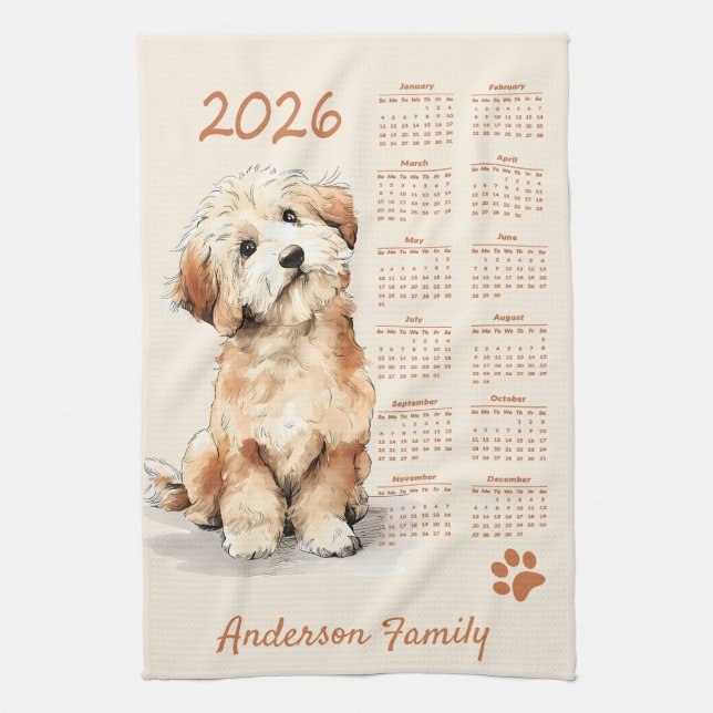 Cute Poodle Dog 2026 Calendar Tea Towel (Vertical)
