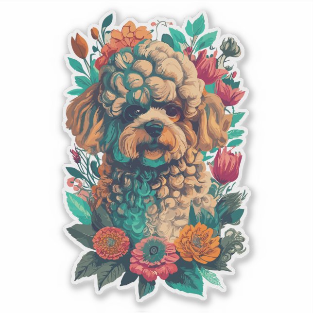 Cute Poodle Dog And Flowers Cut Vinyl (Front)