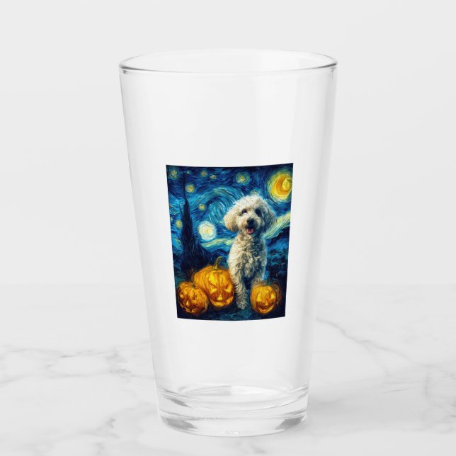 Cute Poodle Dog Halloween Jack O Lantern Pumpkin F Glass (Front)
