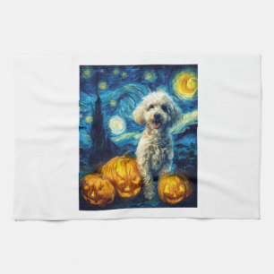 Cute Poodle Dog Halloween Jack O Lantern Pumpkin F Tea Towel