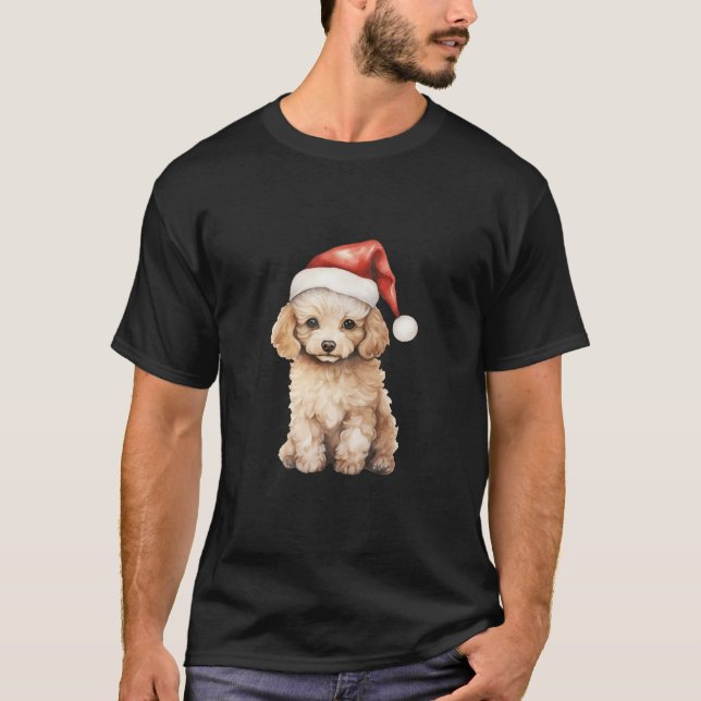 Cute Poodle Dog Puppy with Santa Hat Christmas T-Shirt (Front)