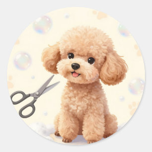 Cute Poodle Grooming Bubbles Scissors Classic Round Sticker