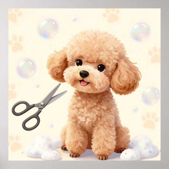 Cute Poodle Grooming Bubbles Scissors  Poster (Front)