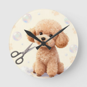 Cute Poodle Grooming Bubbles Scissors Round Clock