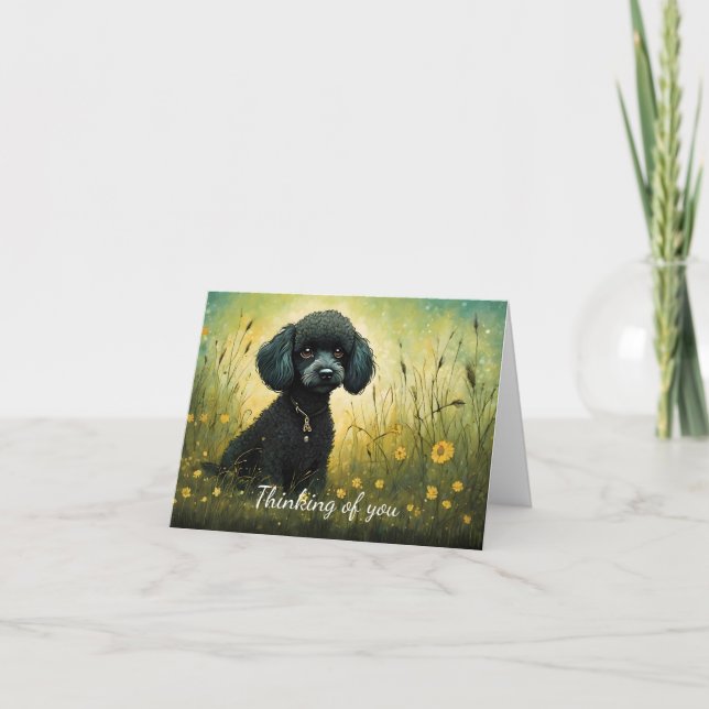 Cute Poodle In Meadow Thinking Of You Card (Front)