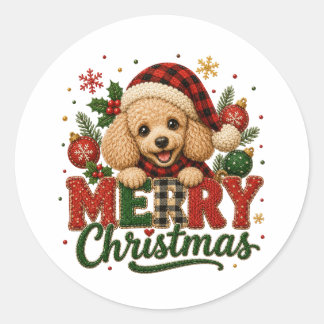 Cute Poodle Merry Christmas Classic Round Sticker