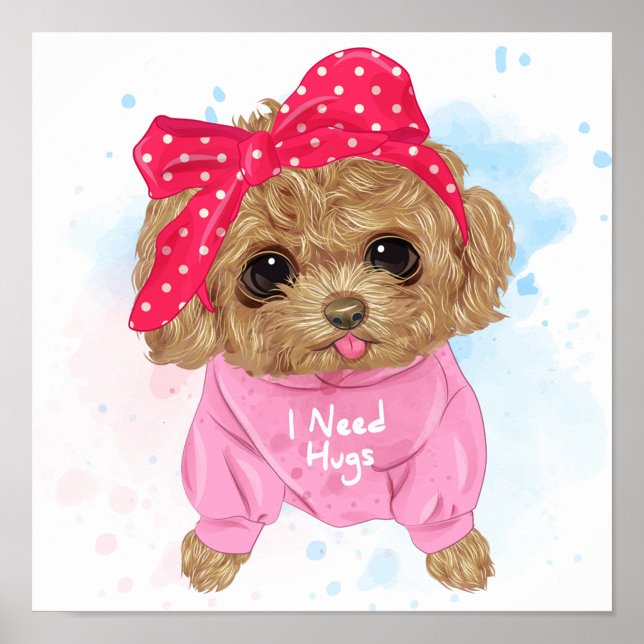 Cute Poodle Poster (A cartoon-style illustration features a cute, brown, fluffy puppy wearing a pink polka-dotted.)