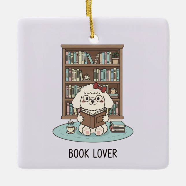 Cute Poodle Puppy Dog Book Lover Pastel Christmas Ceramic Ornament (Front)
