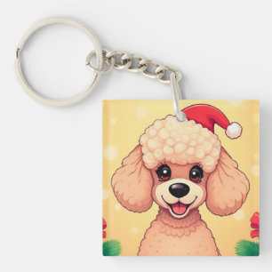 Cute Poodle Puppy in Christmas Scene with Gifts Key Ring