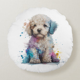 Cute Poodle Puppy Watercolor Art Round Cushion